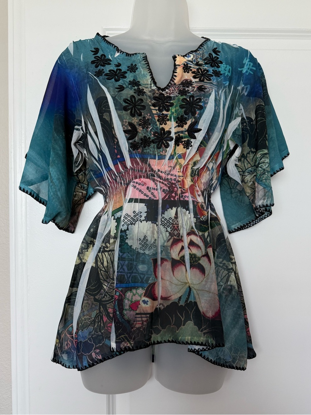Y2K Embroidered boho Sheer Mesh Top - Floral Smocked Blouse asymmetrical hem